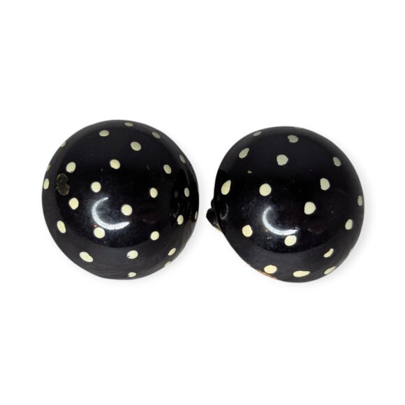 Vintage Black w/White Polka Dots Clip On Round Earrings - Picture 1 of 5